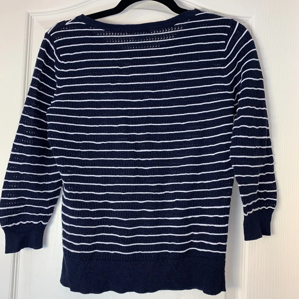 Nautical Striped Knit Sweater Navy White 3/4 Sleeve Size M – Lightweight Coastal - Picture 2 of 11